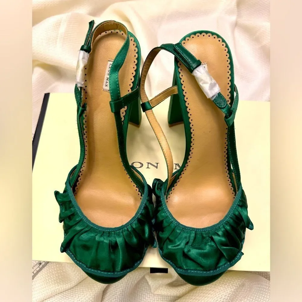 NIB Leon Max emerald green satin block ruffle slingback high heels size 38 7.5